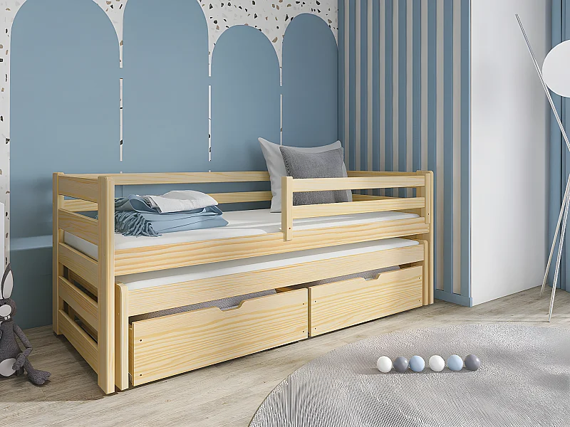 Lit Vista 113, Simple avec un lit gigogne supplémentaire, Unique, Brun clair, Bois, 96cm