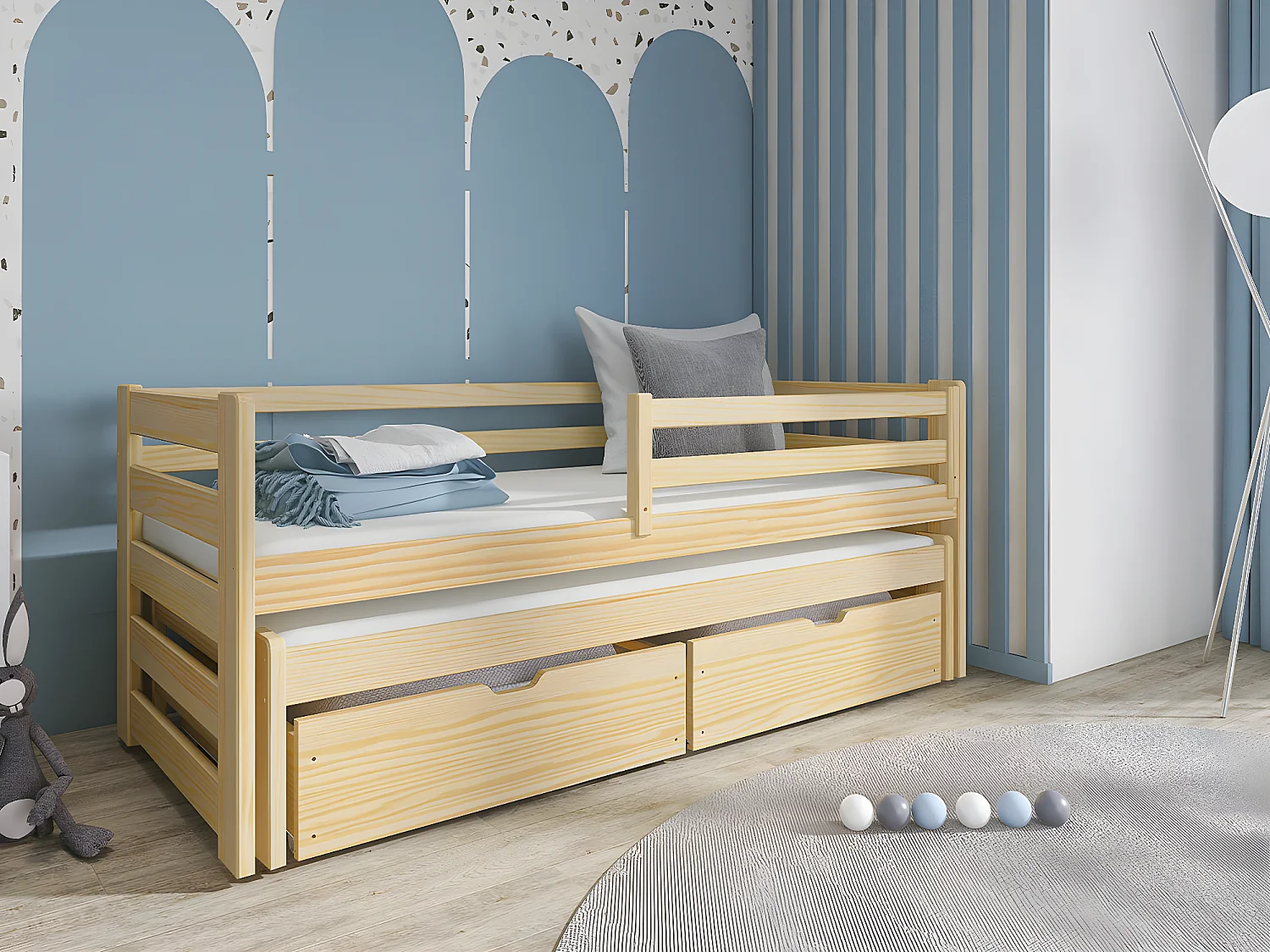 Lit Vista 113, Simple avec un lit gigogne supplémentaire, Unique, Brun clair, Bois, 96cm