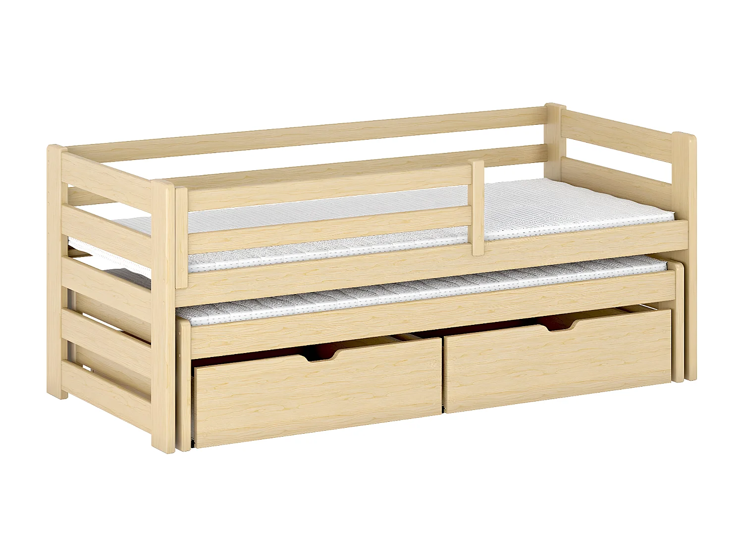 Lit Vista 113, Simple avec un lit gigogne supplémentaire, Unique, Brun clair, Bois, 96cm