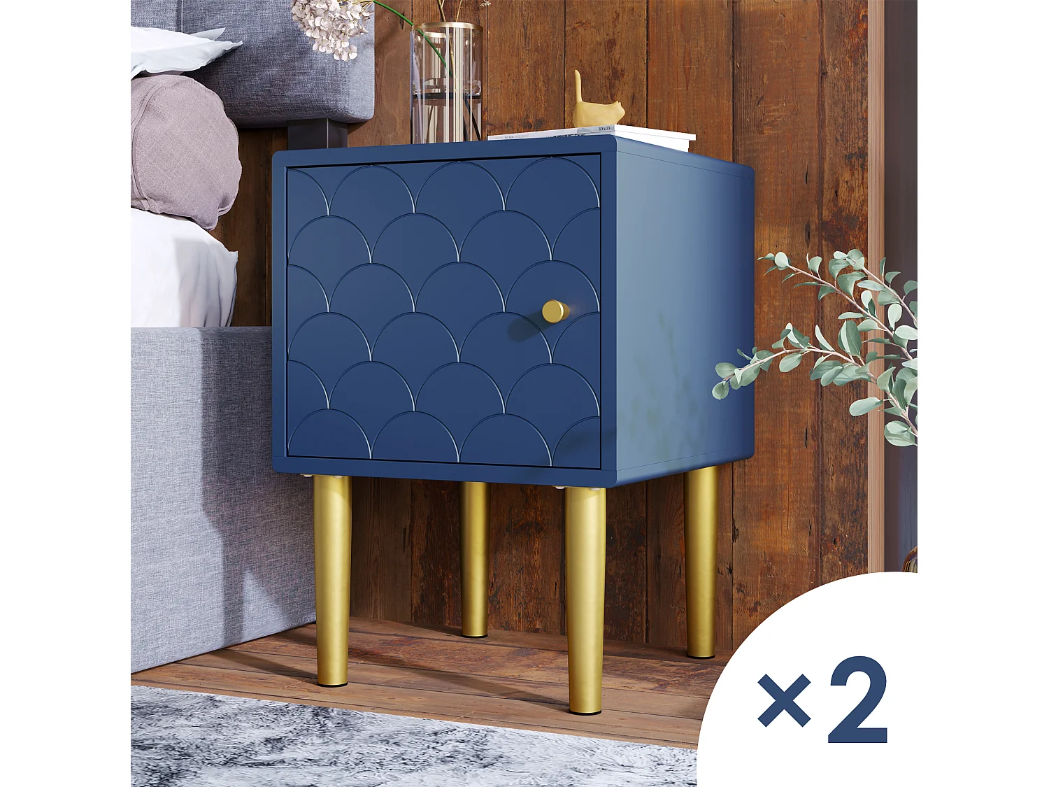 Lot de 2 Table de chevet à 1 porte, table de canapé - bleu marine -  50x35x35 cm