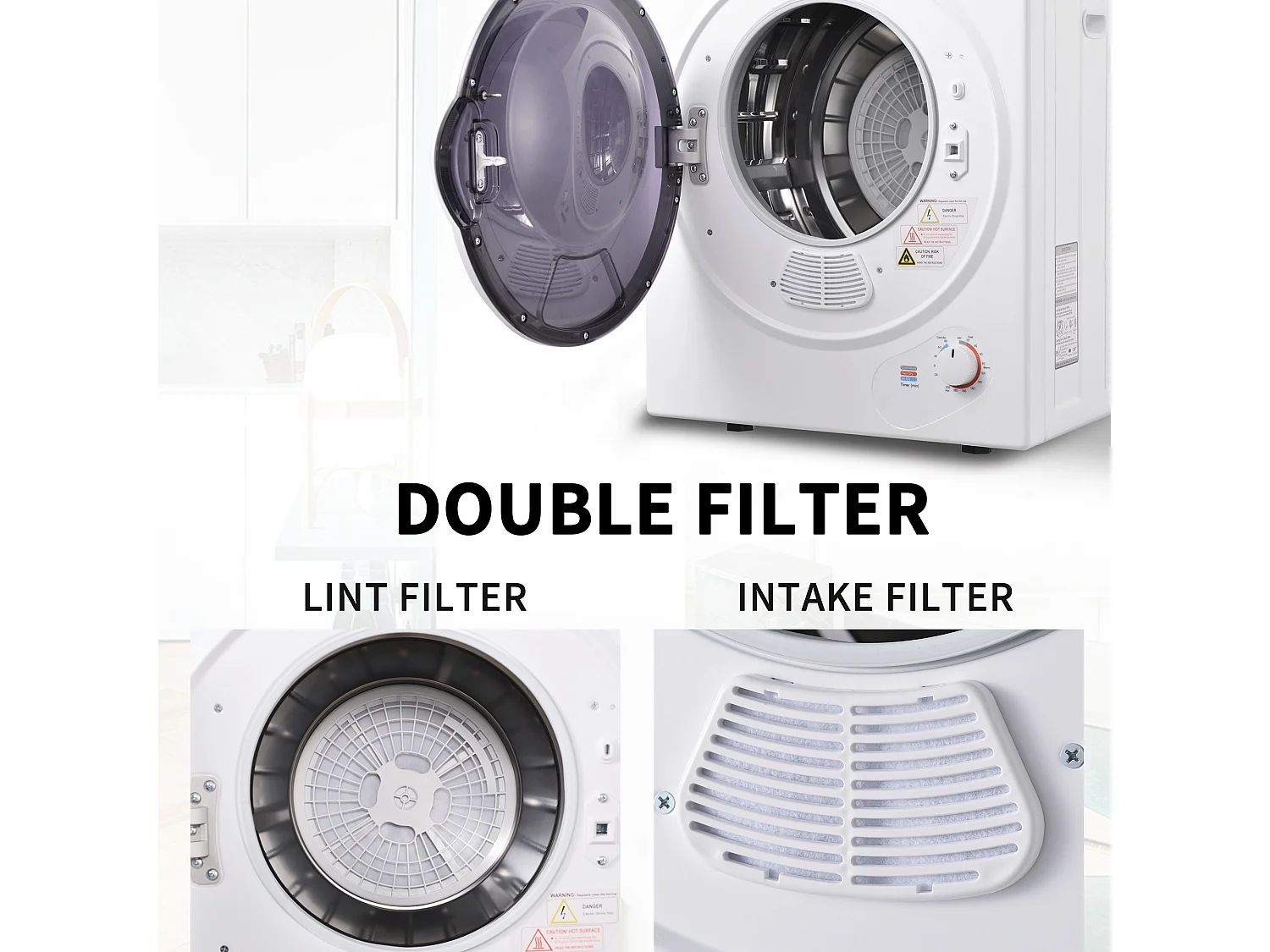 Mini sèche-linge, 2,5 kg, peut être fixé au mur, double filtres, chauffage en céramique PTC - Blanc