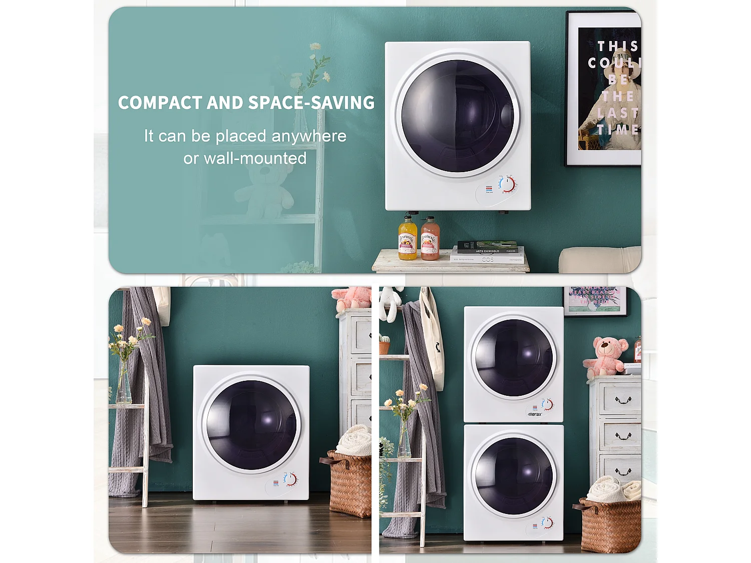 Mini sèche-linge, 2,5 kg, peut être fixé au mur, double filtres, chauffage en céramique PTC - Blanc