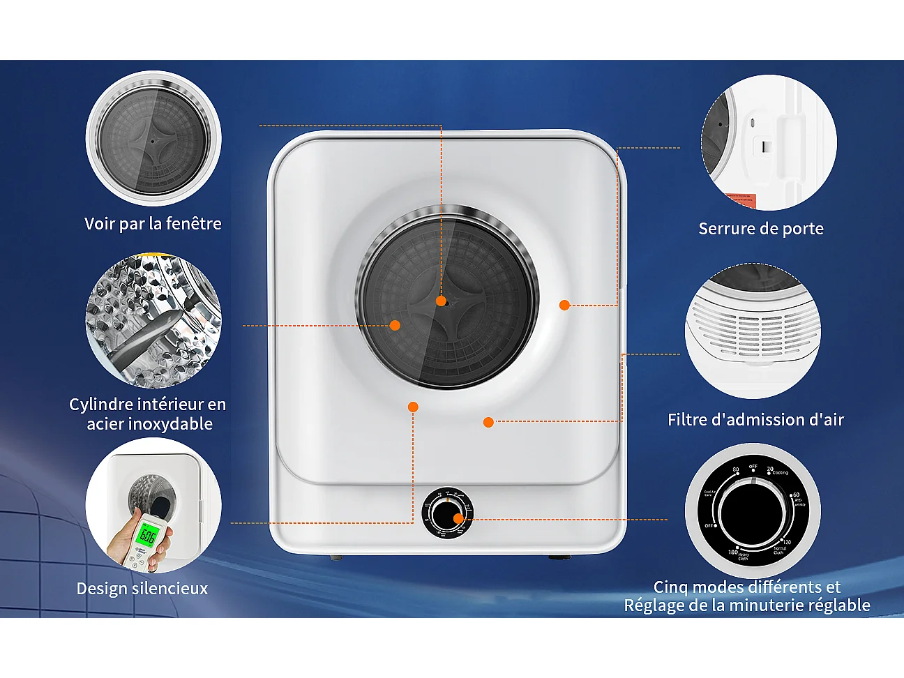 Sécheur de gaz d'échappement, sécheur en acier inoxydable, 3 kg, 830 W, 5 programmes[Classe énergétique C]