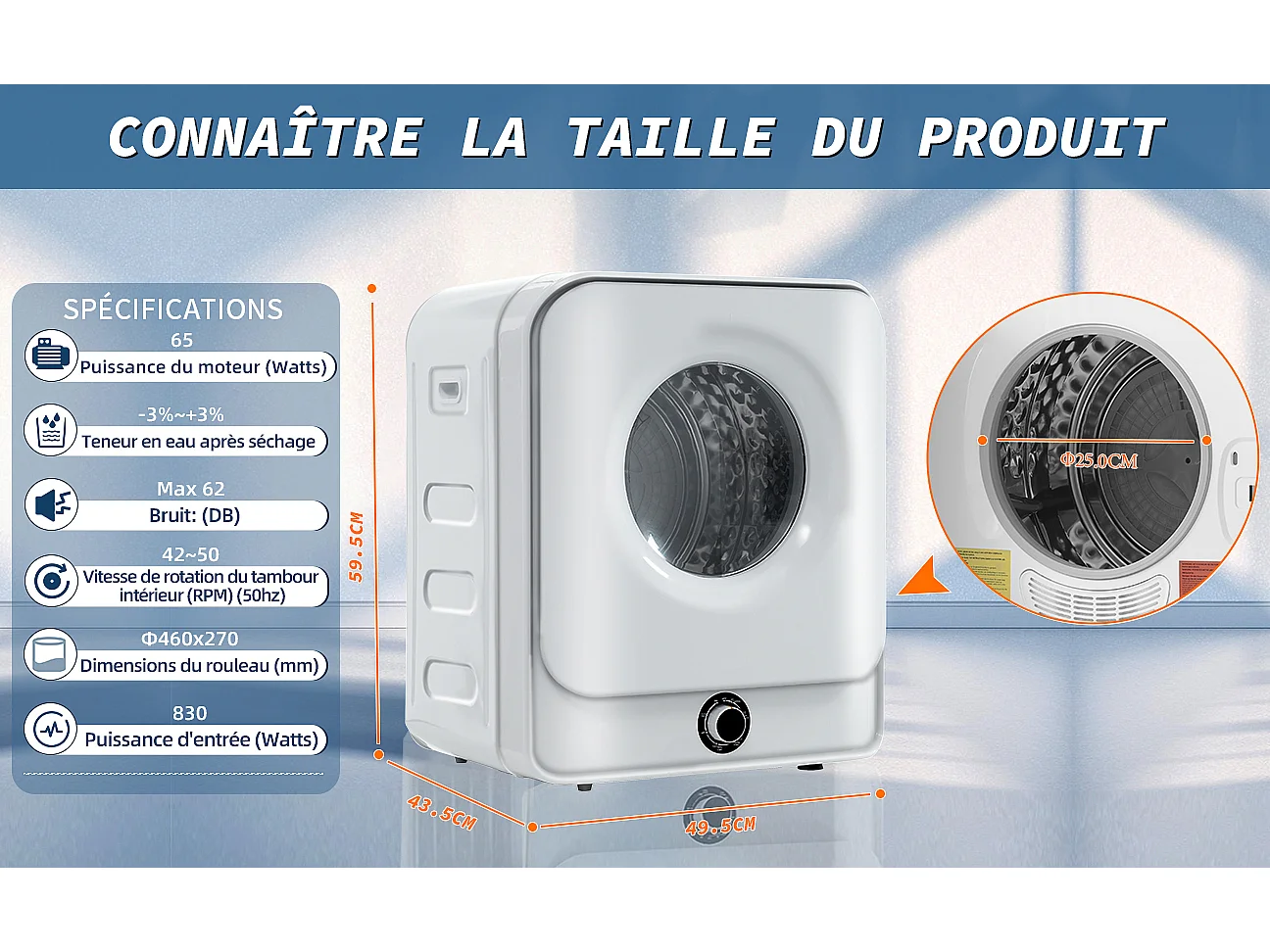 Sécheur de gaz d'échappement, sécheur en acier inoxydable, 3 kg, 830 W, 5 programmes[Classe énergétique C]