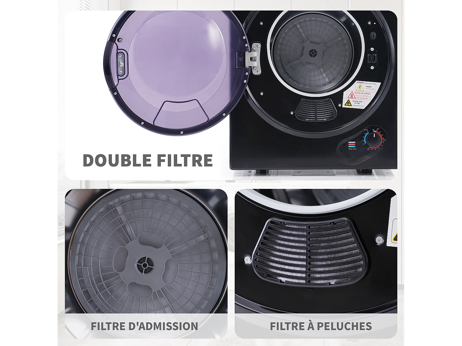 Mini sèche-linge, 2,5 kg, peut être fixé au mur, double filtres, chauffage en céramique PTC - Noir