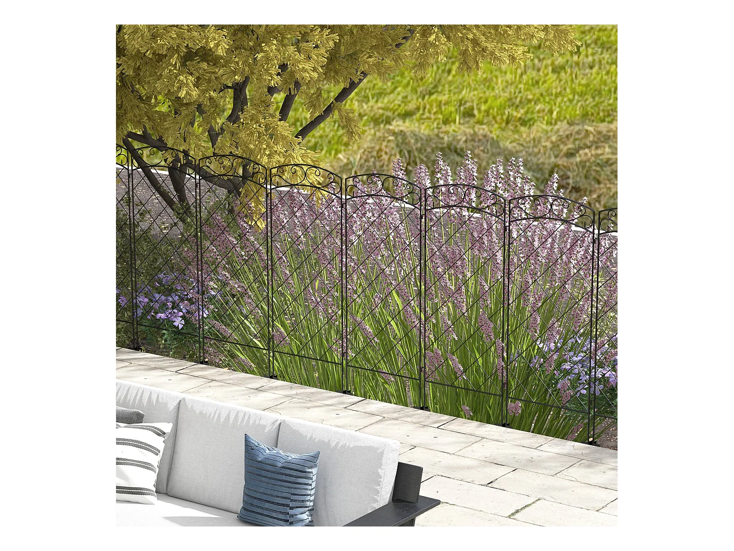 Lot de 7 clôtures de jardin décoratives en métal avec ornements - dim. totales 344L x 110H cm - noir