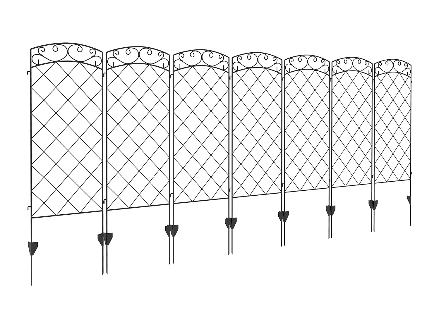 Lot de 7 clôtures de jardin décoratives en métal avec ornements - dim. totales 344L x 110H cm - noir