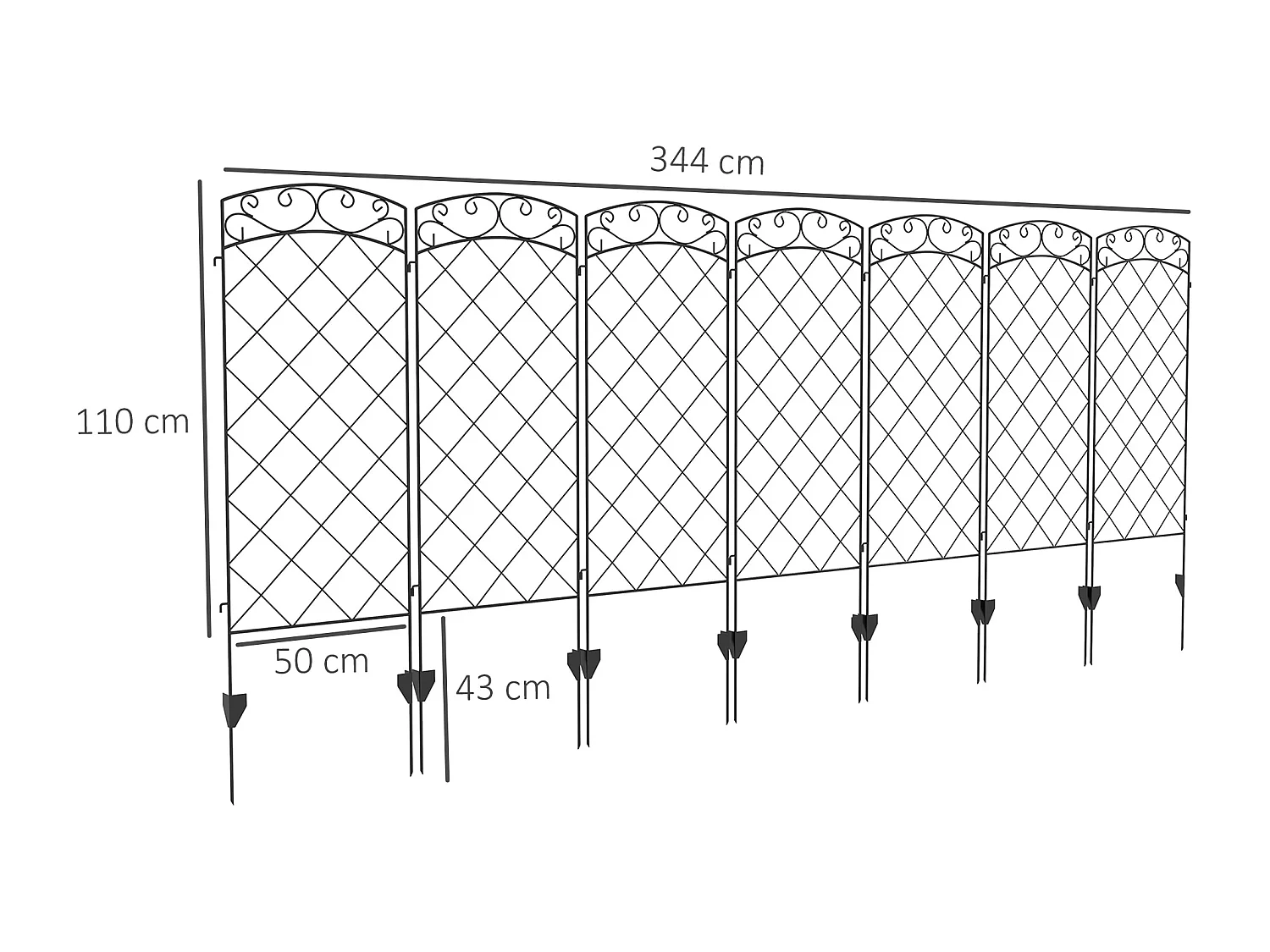Lot de 7 clôtures de jardin décoratives en métal avec ornements - dim. totales 344L x 110H cm - noir