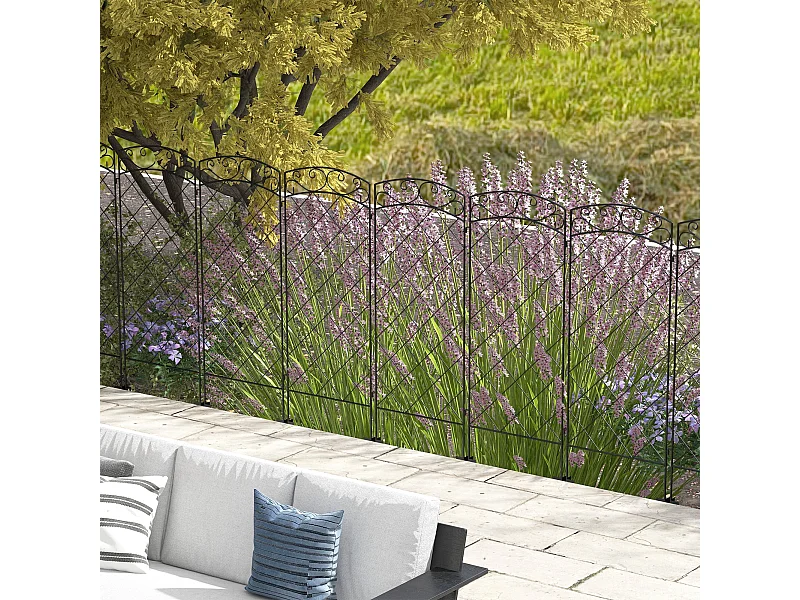 Lot de 7 clôtures de jardin décoratives en métal avec ornements - dim. totales 344L x 110H cm - noir