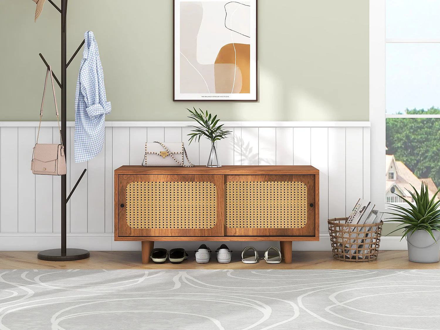 Meuble à chaussures 104x40x48 cm en Rotin avec portes et étagères réglables - naturel