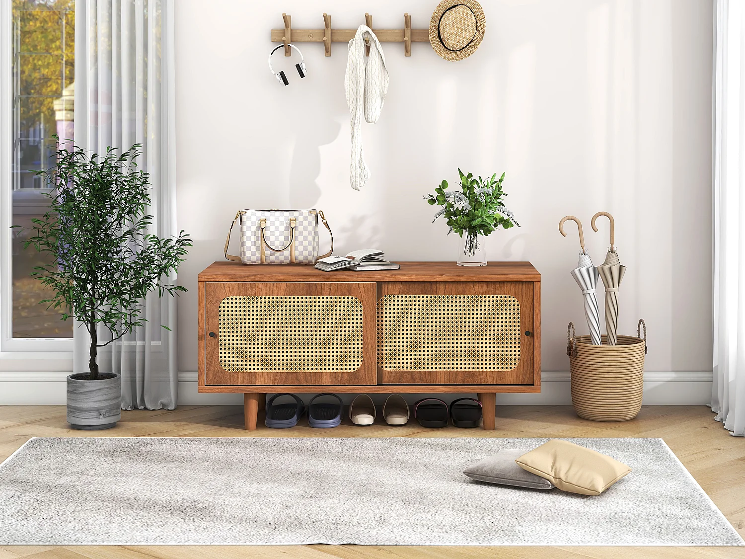 Meuble à chaussures 104x40x48 cm en Rotin avec portes et étagères réglables - naturel