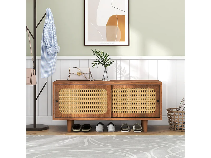 Meuble à chaussures 104x40x48 cm en Rotin avec portes et étagères réglables - naturel