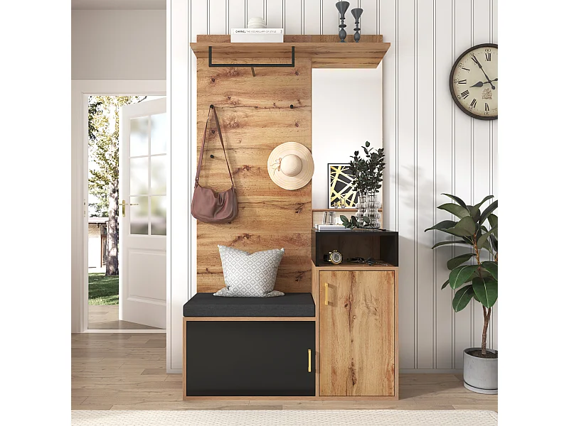 Vestiaire d'entrée multifonctionnel Armoire à chaussures, portemanteau et Miroir - Naturel