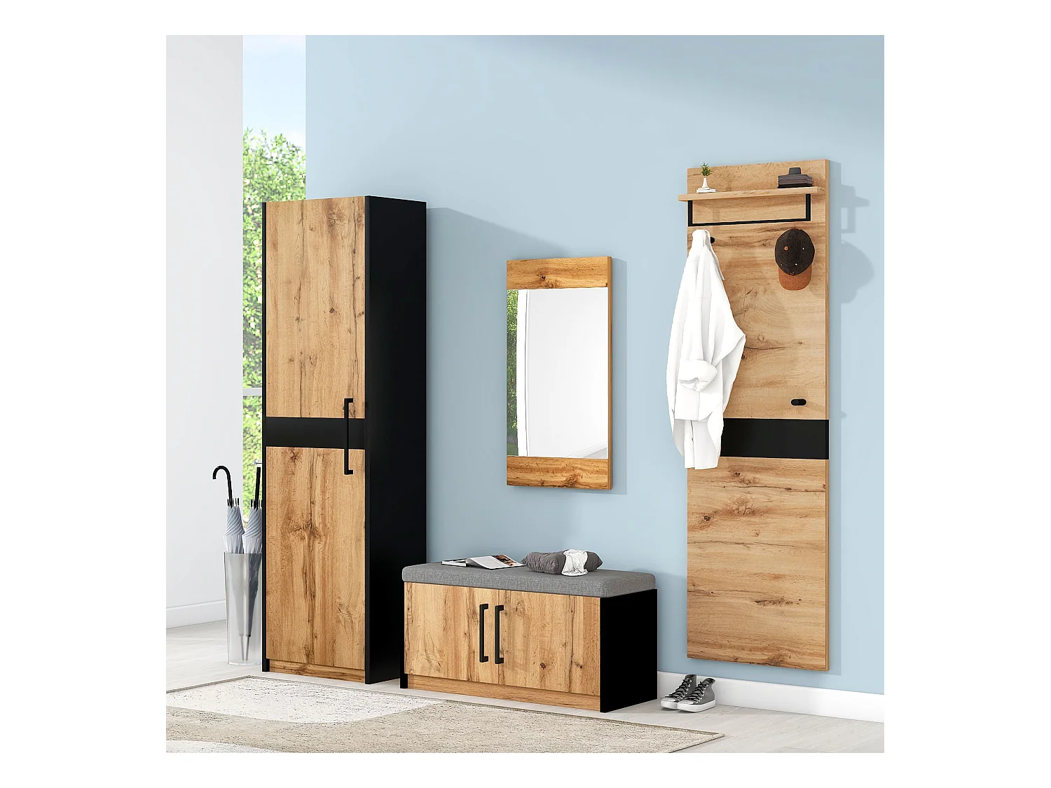 Kit dressing Ensemble d'Armoire 4 Pièces avec Miroir et Banc - Marron