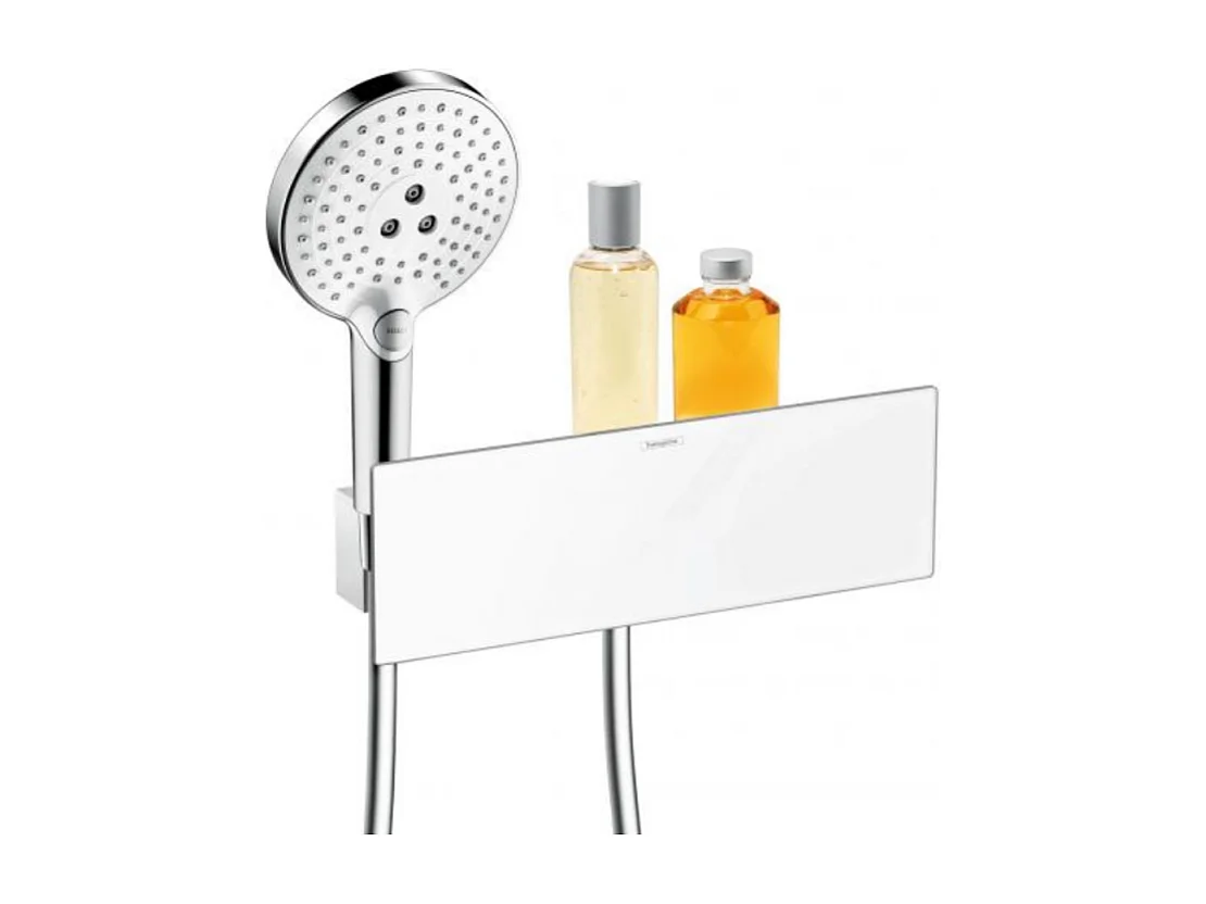 Support pommeau de douche avec raccordement HANSGROHE Fixfit avec tablette 30 cm blanc et chromé