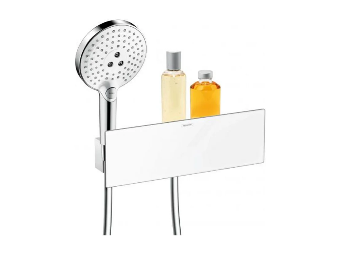 Support pommeau de douche avec raccordement HANSGROHE Fixfit avec tablette 30 cm blanc et chromé