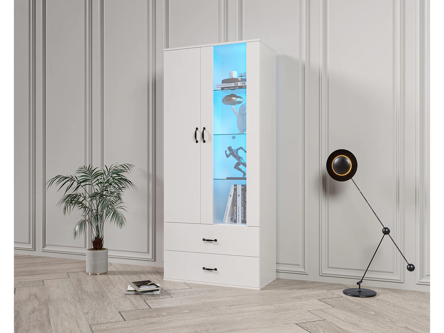 Armoire à vitrine blanche, Étagère de Rangement avec LED de 16 couleurs - 59.5x35x182 cm