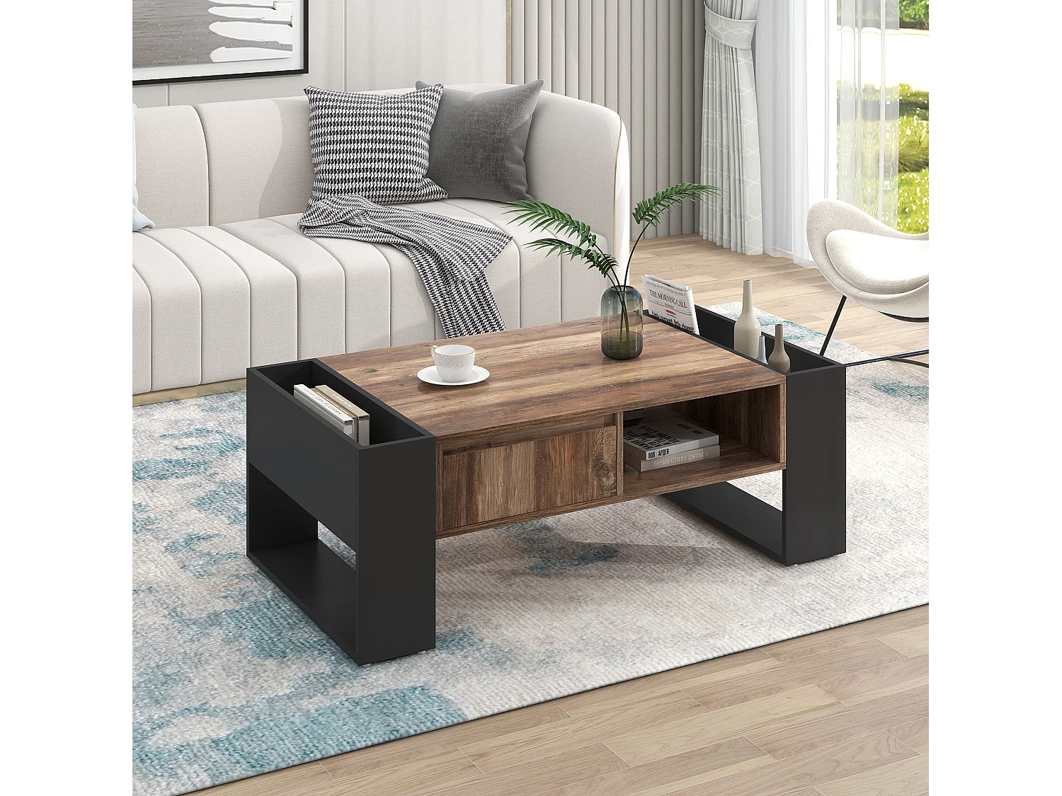 Table basse en grain de bois - d'un compartiment de rangement et de rangement arrière