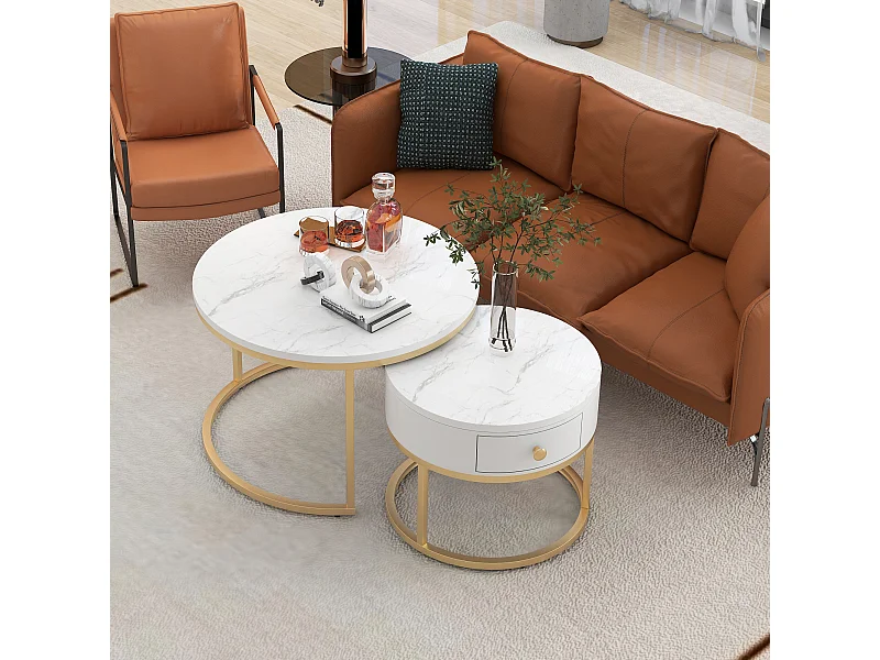 Set van 2 salontafels - Ronde salontafel met 1 lade - Goudkleurig frame - Wit marmerlook stickerblad