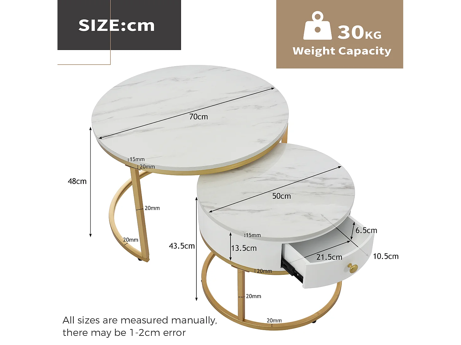 Lot de 2 Tables basses gigognes rondes - blanc haut brillance - 70x70x45 cm