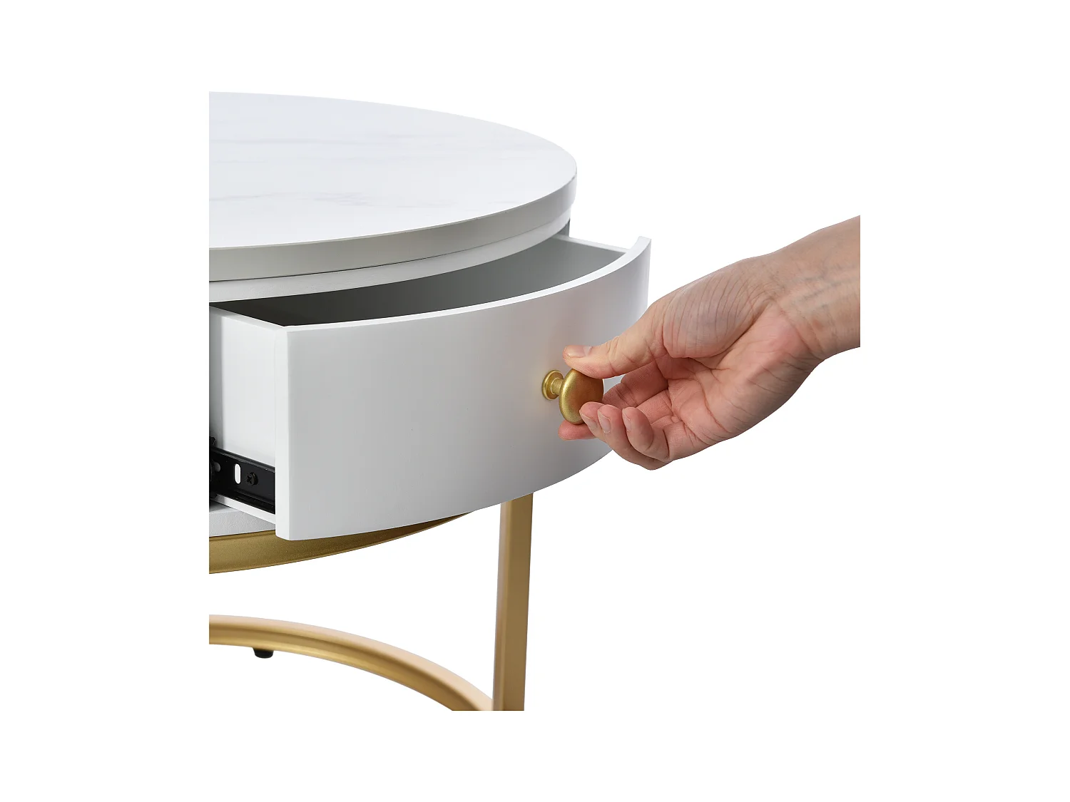 2er-Set Couchtische – Runder Couchtisch mit 1 Schublade – Goldrahmen – Weiße Marmor-Platte