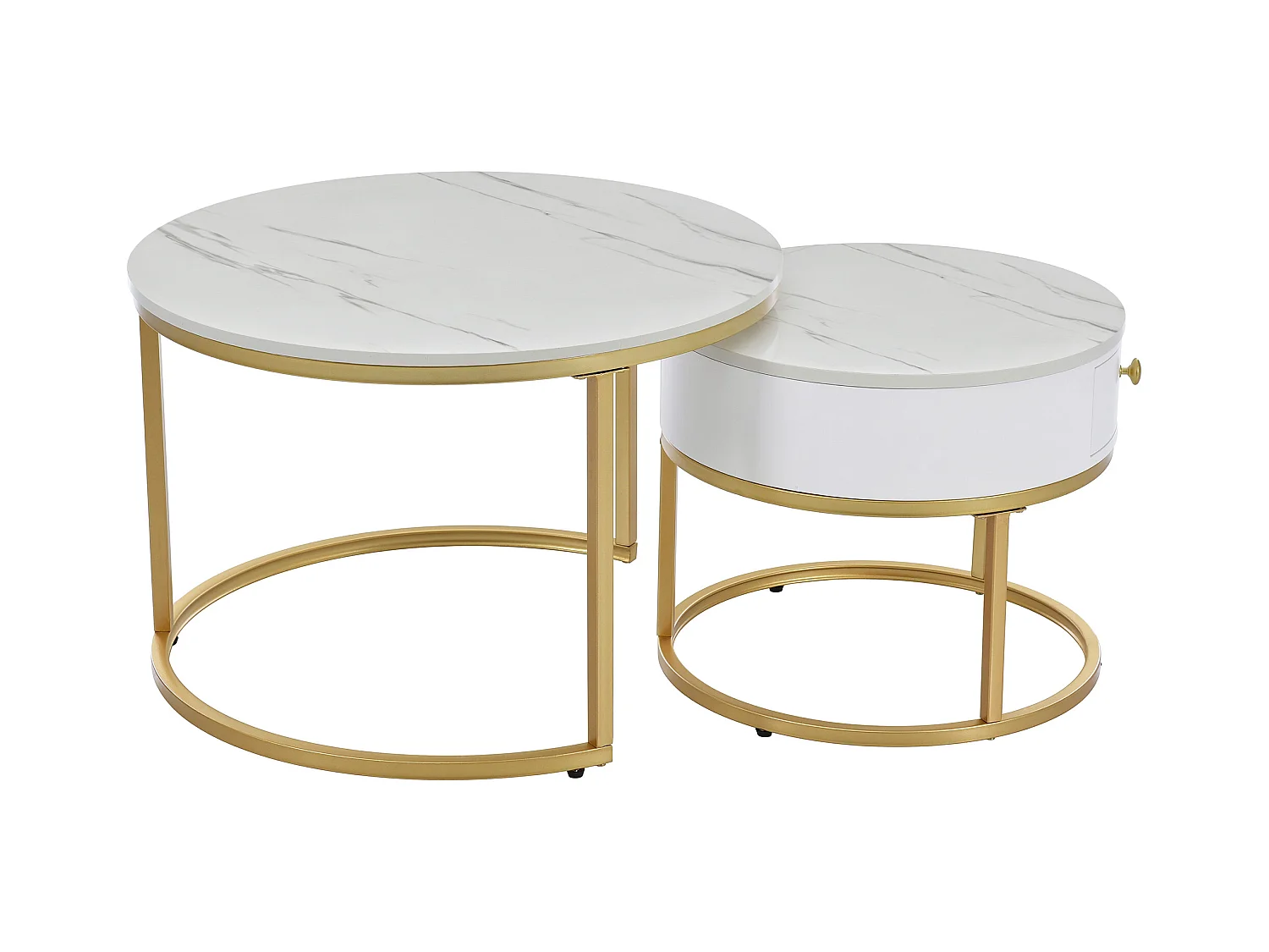 2er-Set Couchtische – Runder Couchtisch mit 1 Schublade – Goldrahmen – Weiße Marmor-Platte