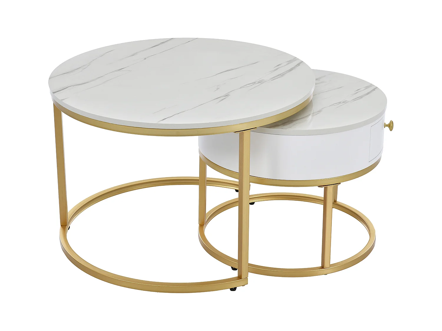2er-Set Couchtische – Runder Couchtisch mit 1 Schublade – Goldrahmen – Weiße Marmor-Platte
