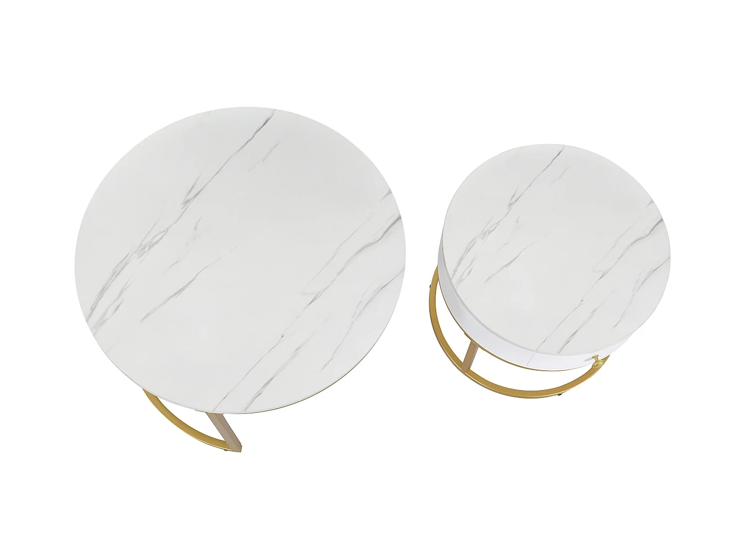 2er-Set Couchtische – Runder Couchtisch mit 1 Schublade – Goldrahmen – Weiße Marmor-Platte
