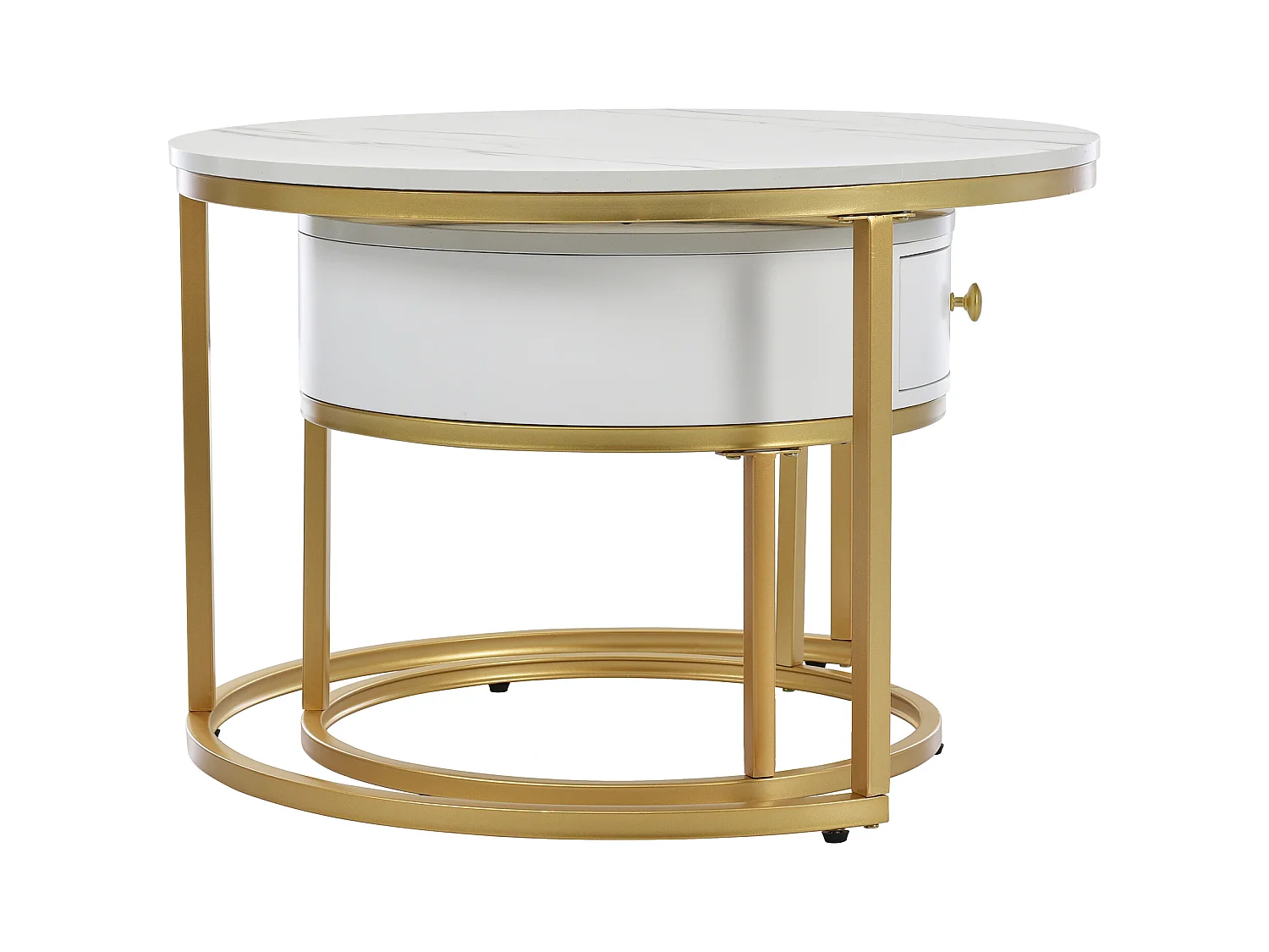 2er-Set Couchtische – Runder Couchtisch mit 1 Schublade – Goldrahmen – Weiße Marmor-Platte