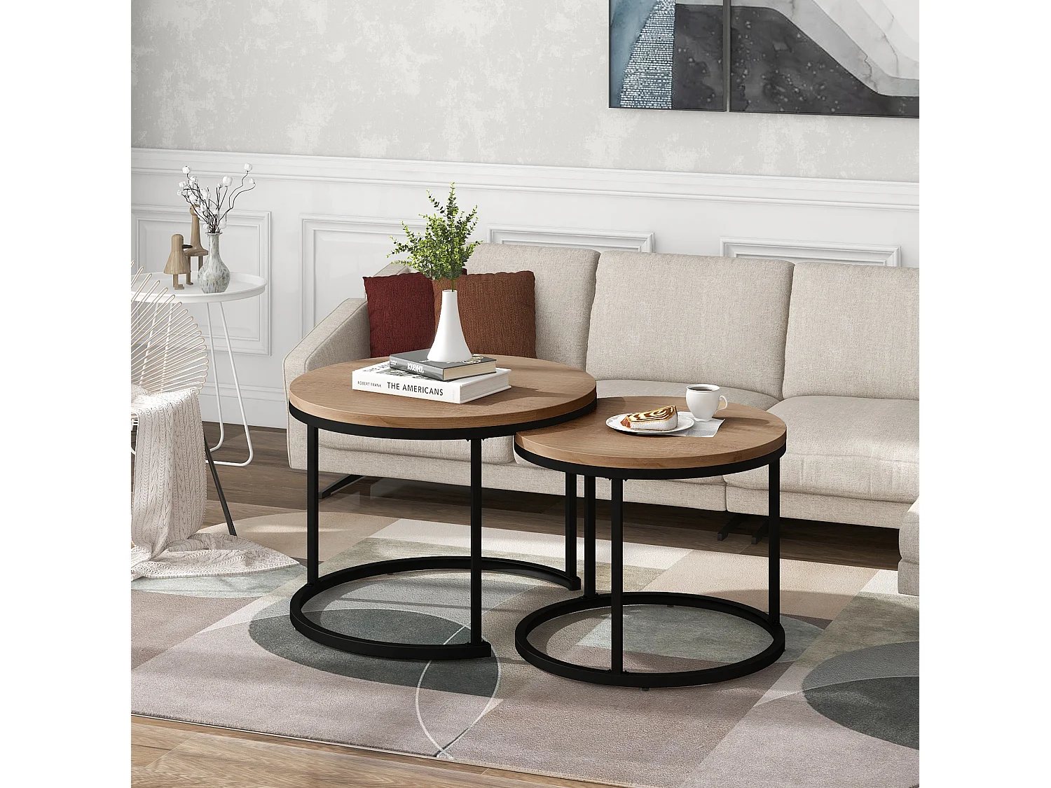 Lot de 2 Tables Basses Rondes avec aspect de bois - couleur naturel - 71x71x50 cm