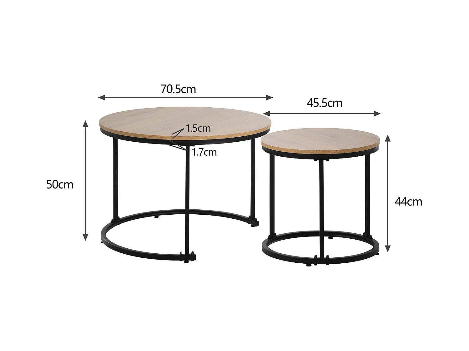 2er-Set Couchtische – Eichenholzplatte – Runder Couchtisch mit Metallgestell