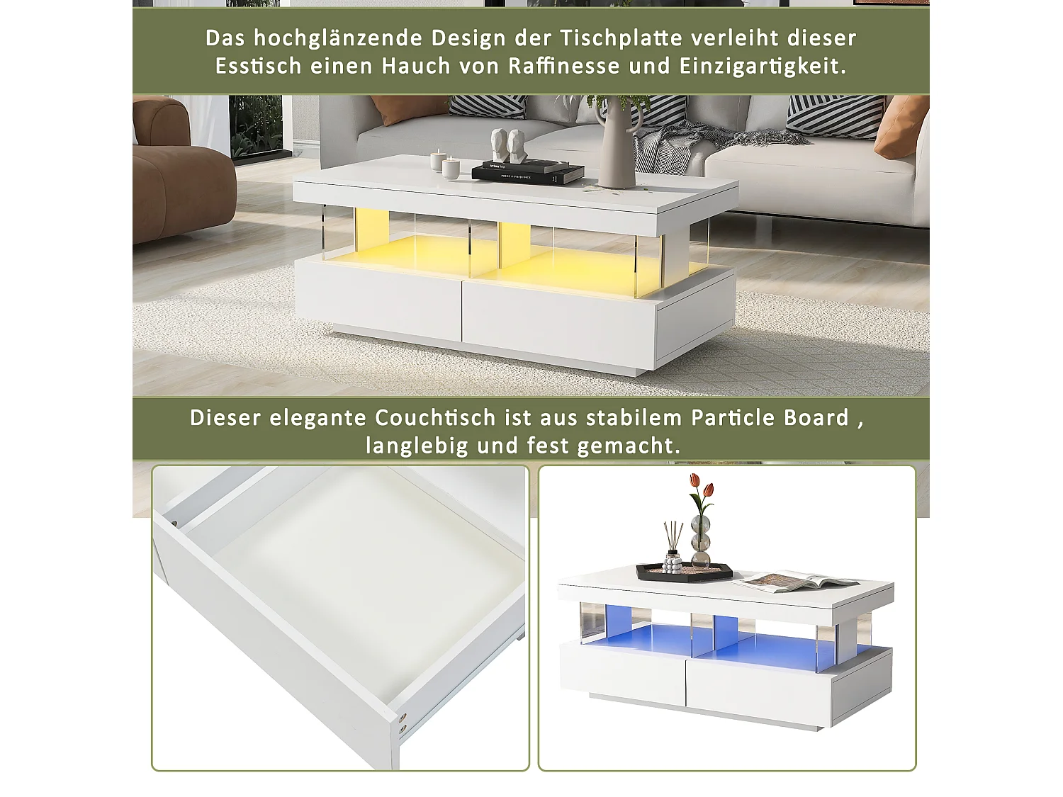 Table basse moderne brillant 100x60x49,5 cm - plateau lisse anti-rayures - blanc