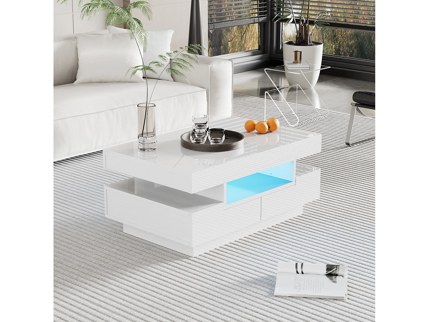 Table basse finition brillante avec bandeau lumineux LED - blanc