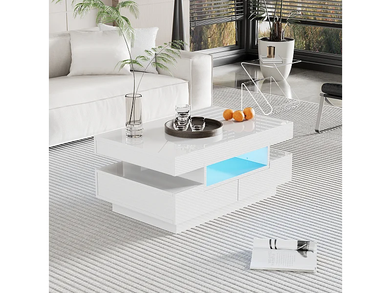 Table basse finition brillante avec bandeau lumineux LED - blanc