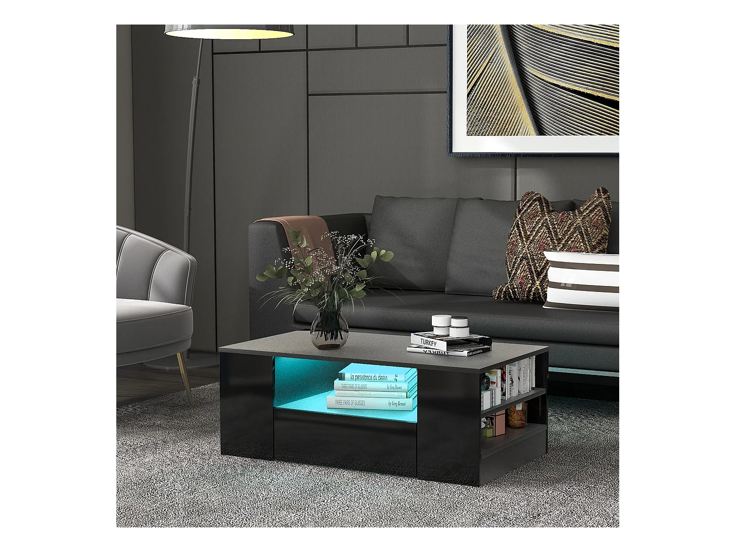Table basse noire brillante avec 2 tiroirs et 2 étagères - 95x53x37cm