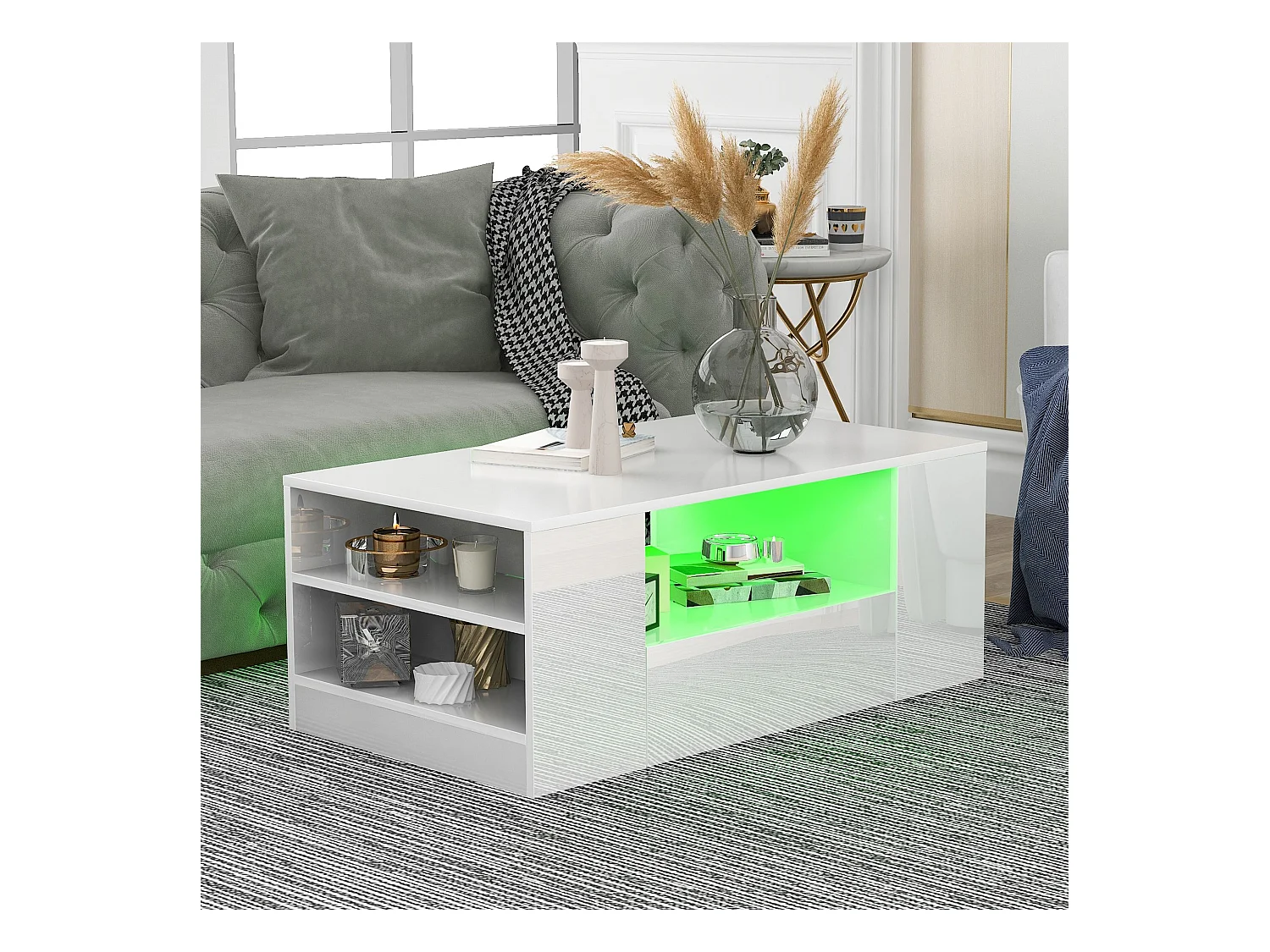 Table basse blanche brillante avec 2 tiroirs et 2 étagères - 95x53x37cm