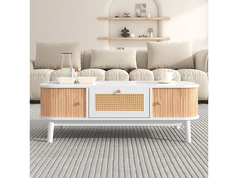 Stolik kawowy z rattanu - Biały stolik kawowy z 2 drzwiami i 1 szufladą - Drewniane nogi - do salonu i biura