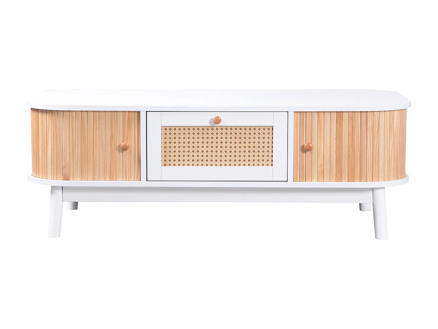 Table basse fixe 110x55x38.5 cm en Rotin - Lattes et pieds en bois massif - Blanc