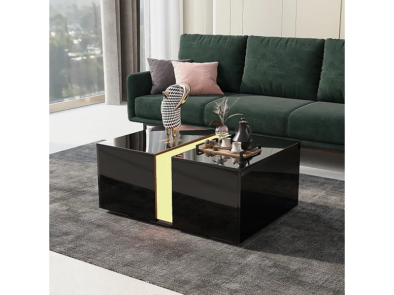 Table basse fixe 73x60x34 cm avec LED et télécommande Compartiment rétractable - Noir