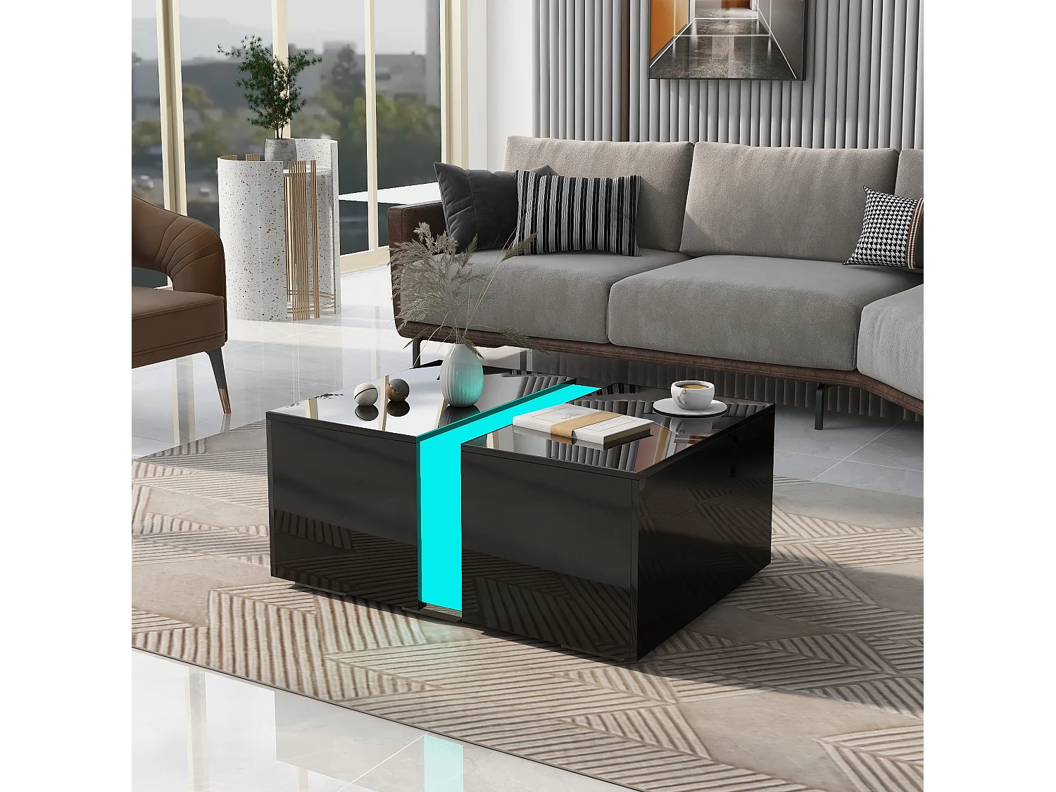 Table basse fixe 73x60x34 cm avec LED et télécommande Compartiment rétractable - Noir