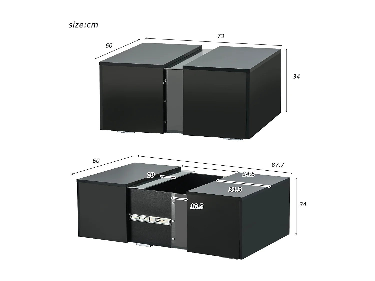 Table basse fixe 73x60x34 cm avec LED et télécommande Compartiment rétractable - Noir
