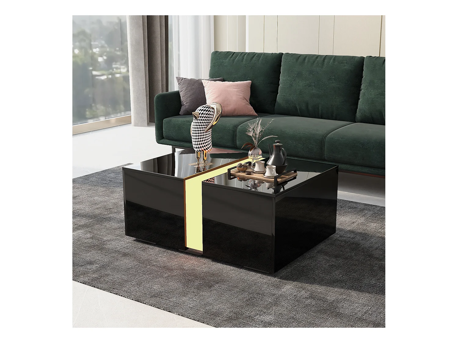 Table basse fixe 73x60x34 cm avec LED et télécommande Compartiment rétractable - Noir