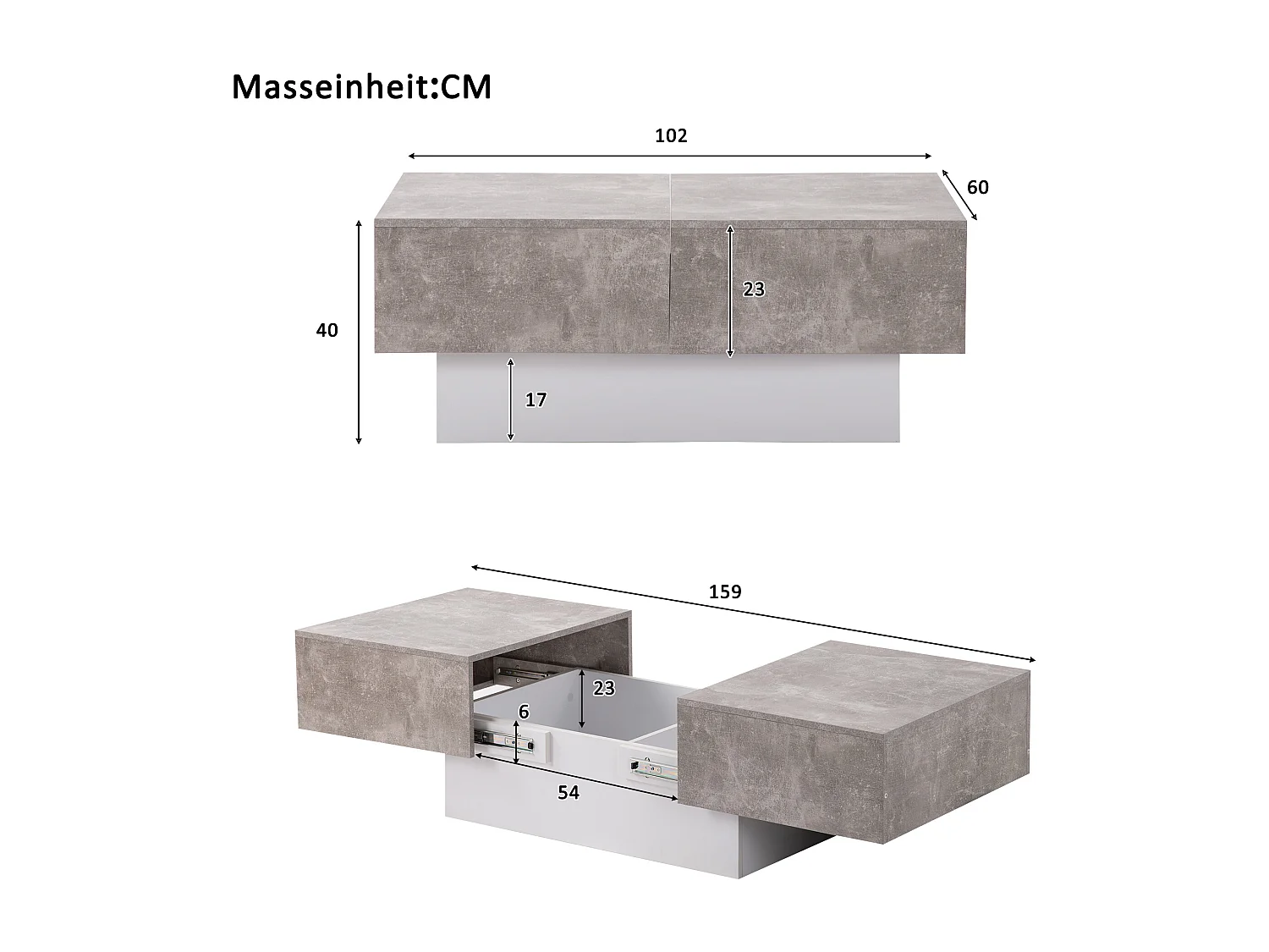 Table basse fixe grise, Table de canapé extensible et rangement - 102x60x40 cm