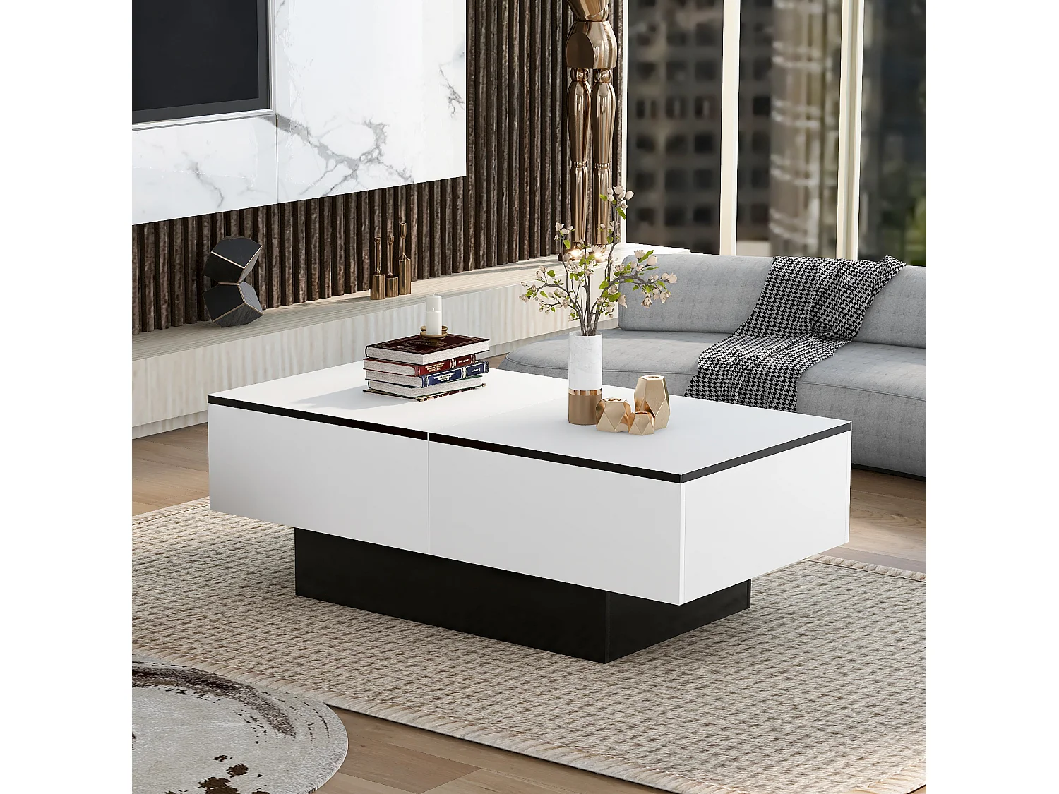 Table basse fixe blanche, Table de canapé extensible et rangement - 102x60x40 cm