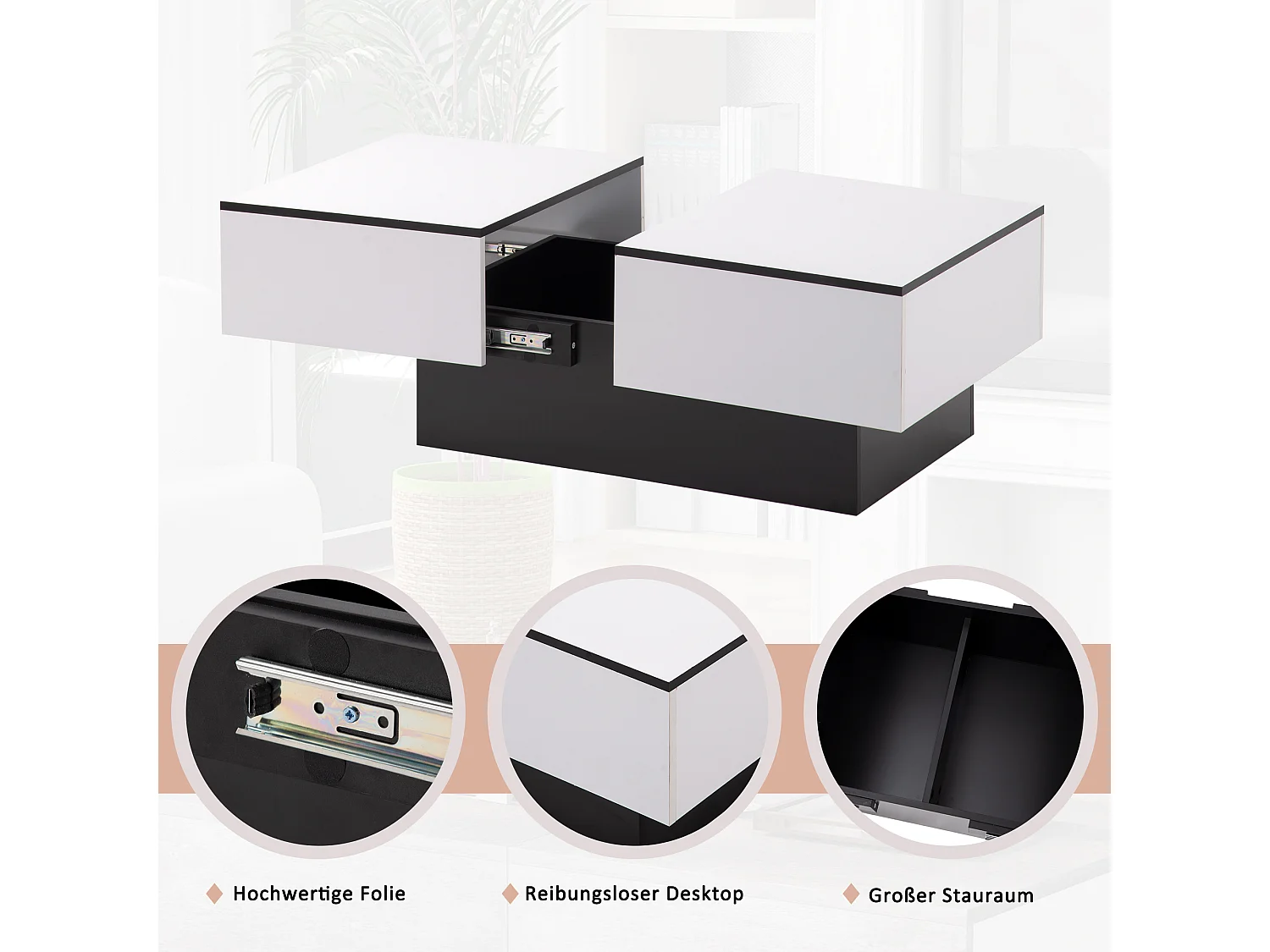 Table basse fixe blanche, Table de canapé extensible et rangement - 102x60x40 cm