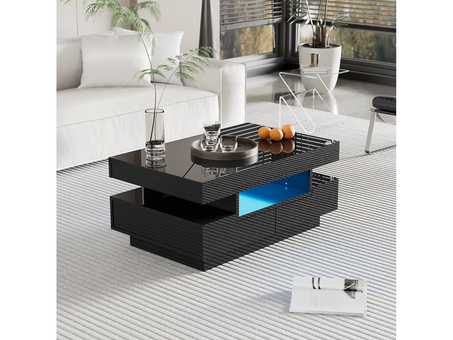 Table basse finition brillante avec bandeau lumineux LED - noir
