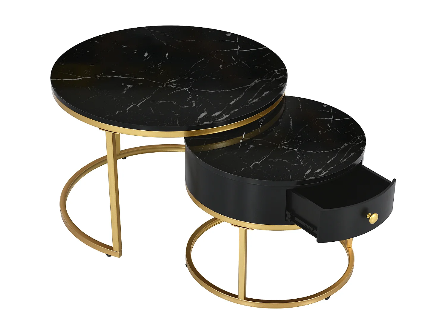 Lot de 2 Tables basses gigognes rondes - noir haut brillance - 70x70x45 cm