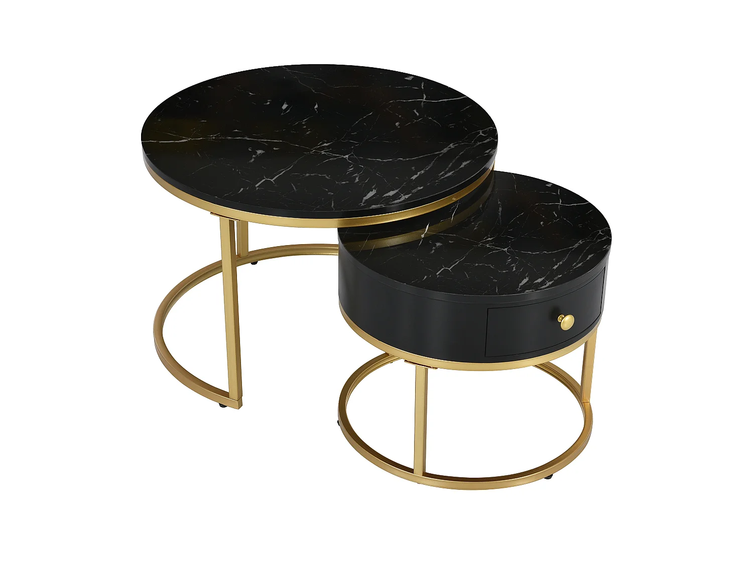 2er-Set Couchtische – Runder Couchtisch mit 1 Schublade – Goldrahmen – Schwarze Marmor-Platte