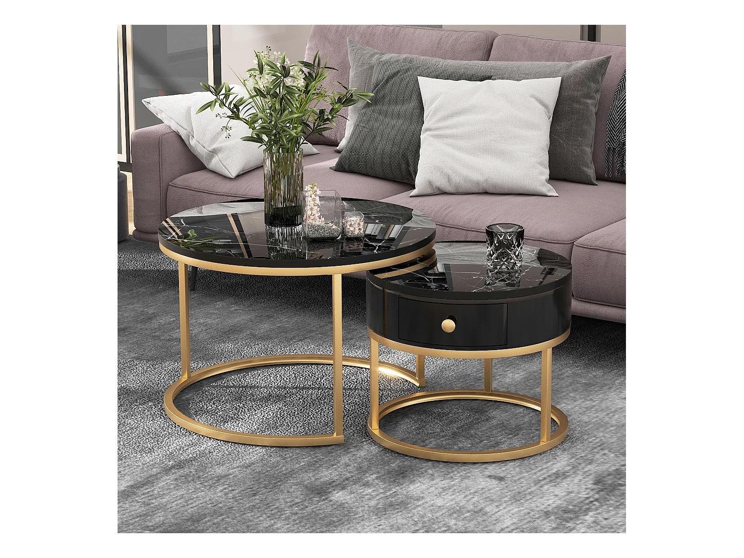 2er-Set Couchtische – Runder Couchtisch mit 1 Schublade – Goldrahmen – Schwarze Marmor-Platte