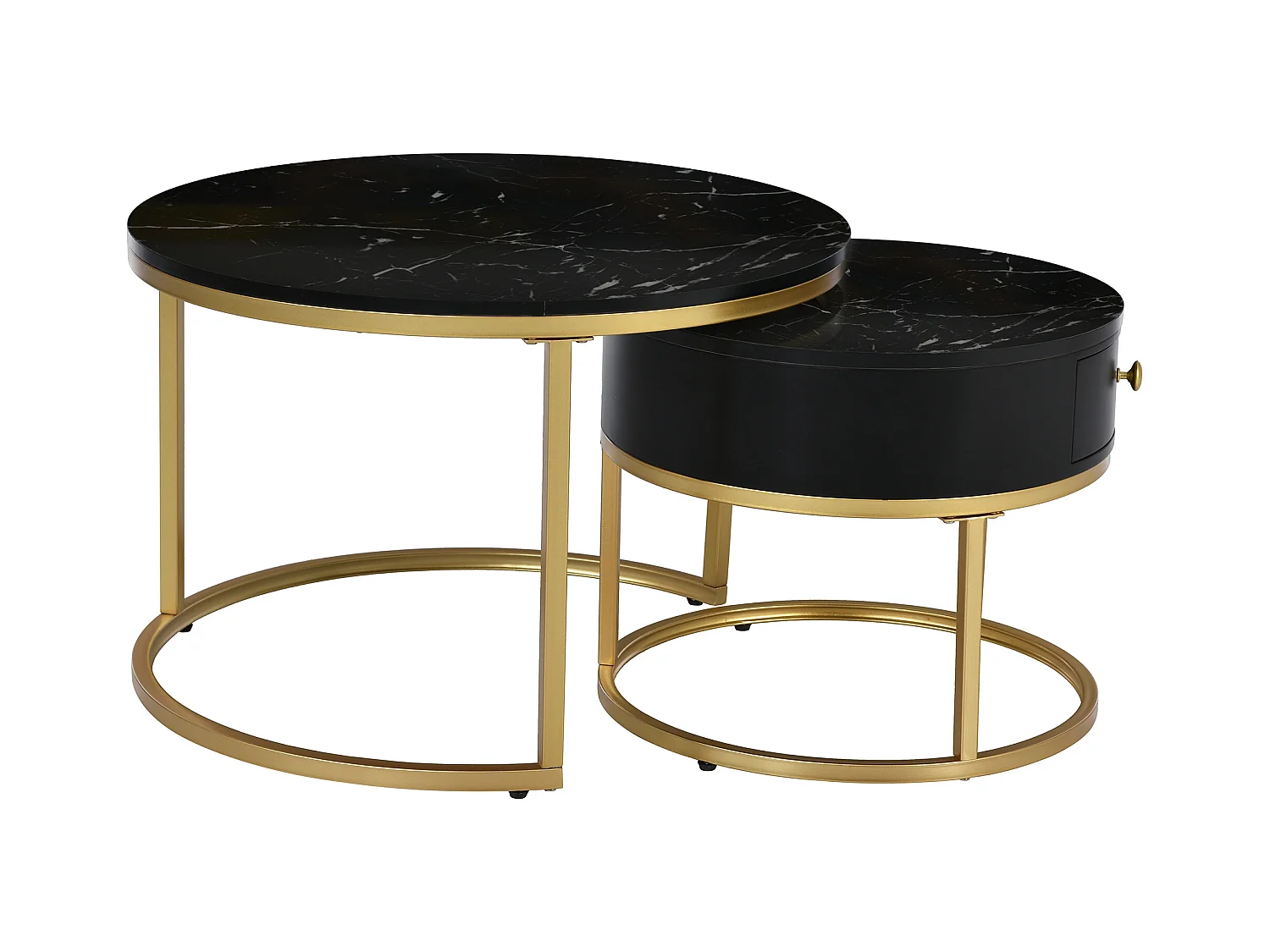 2er-Set Couchtische – Runder Couchtisch mit 1 Schublade – Goldrahmen – Schwarze Marmor-Platte